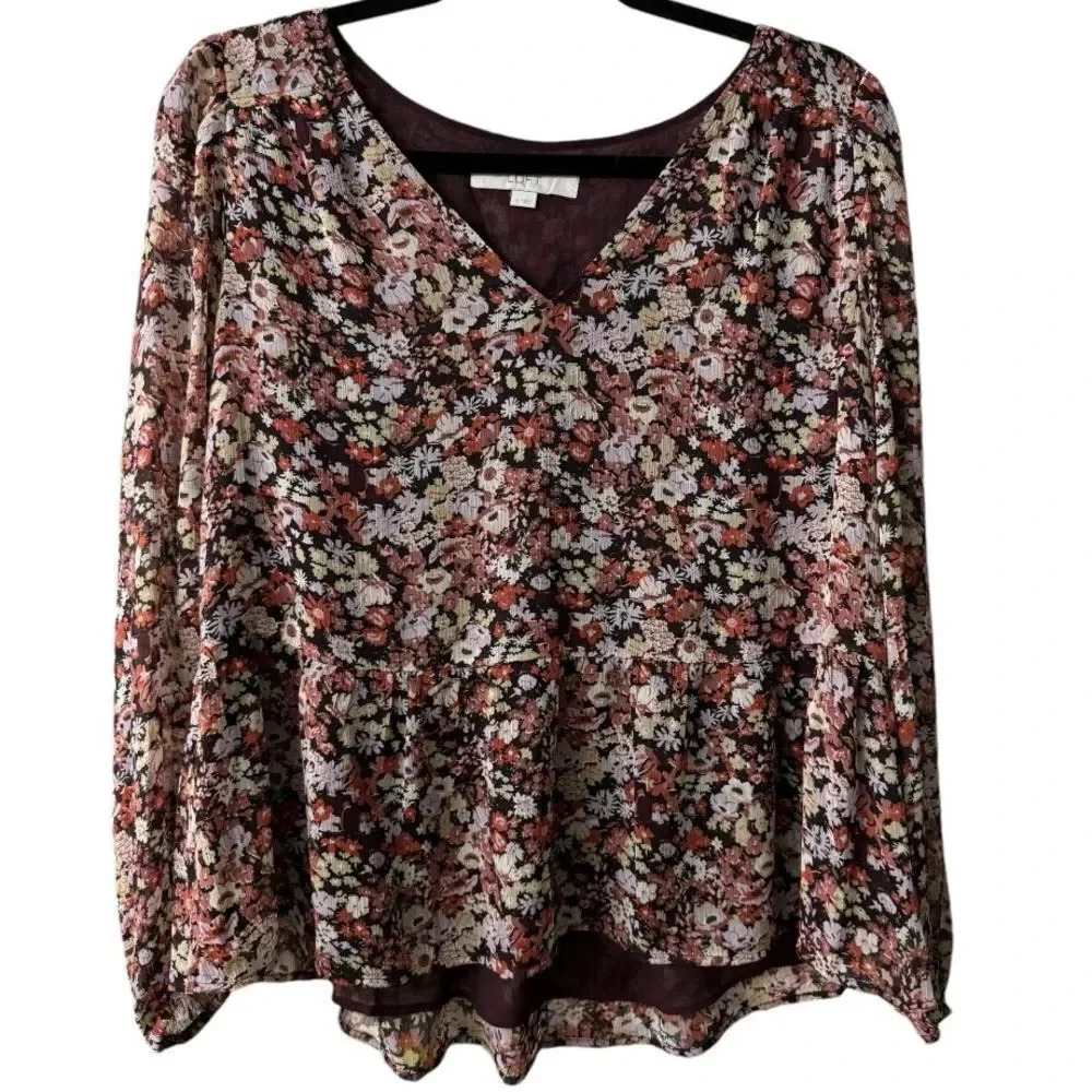Loft Floral‎ Fall Maroon Long Sleeve Blouse  Size Small